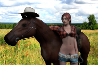Картинка 3д+графика люди+ people лошадь шляпа фон взгляд девушка луг