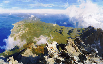 обоя панорама афона с вершины святой горы, рисованное, дмитрий белюкин, высота, облака, скалы, горы
