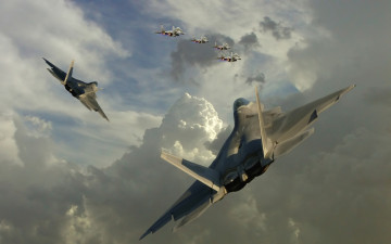 Картинка авиация боевые+самолёты истребители f-22 небо тучи миг-29