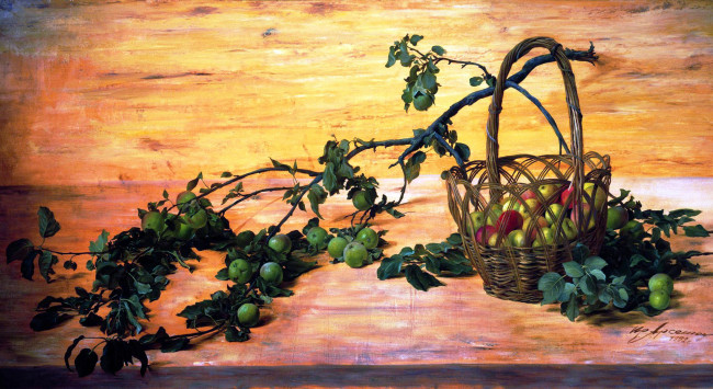 Обои картинки фото сломанная ветка яблони, рисованное, юрий арсенюк, листья, плоды, яблоки, корзина