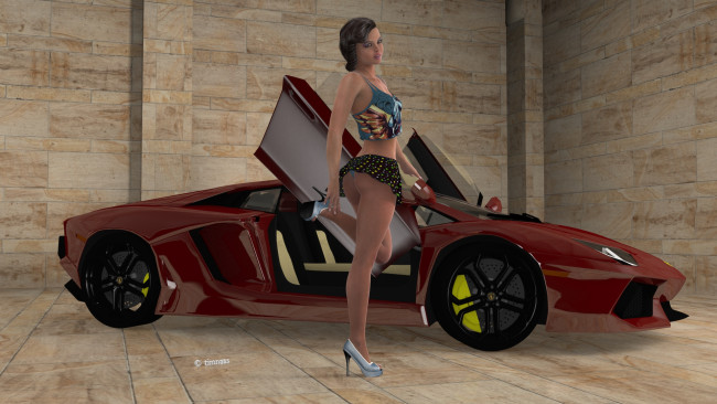 Обои картинки фото автомобили, 3d car&girl, девушка, взгляд, фон, автомобиль