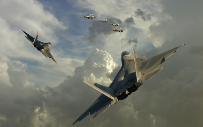 Обои картинки фото авиация, боевые самолёты, истребители, f-22, небо, тучи, миг-29