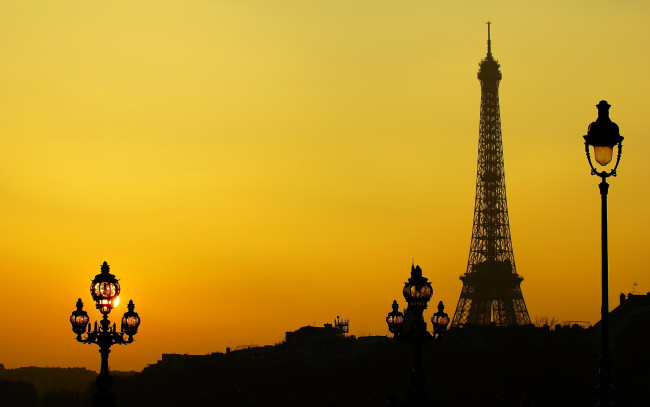 Обои картинки фото города, париж , франция, фонари, силуэт, башня, париж