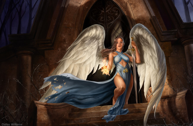 Обои картинки фото 3д графика, ангел , angel, взгляд, девушка, меч, ангел, фон