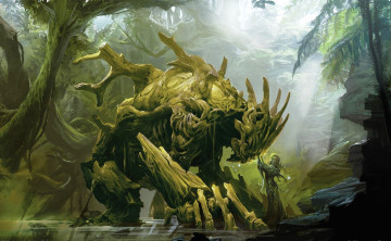 Картинка видео+игры guild+wars+2 скалы озеро лес девушка дерево существо