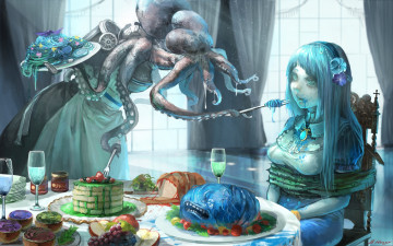 Картинка аниме животные +существа монстр еда девушка