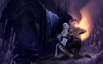 Картинка фэнтези демоны страсть водопад кристаллы убийство девушка демон нож