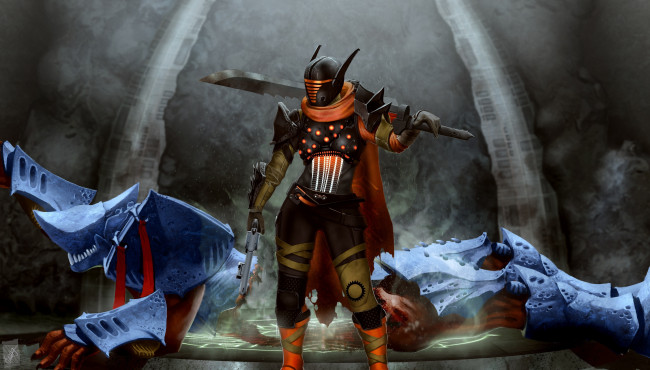 Обои картинки фото видео игры, destiny, art, меч, охотник, blade, dancer, warpriest, bungie, игра, шлем, револьвер