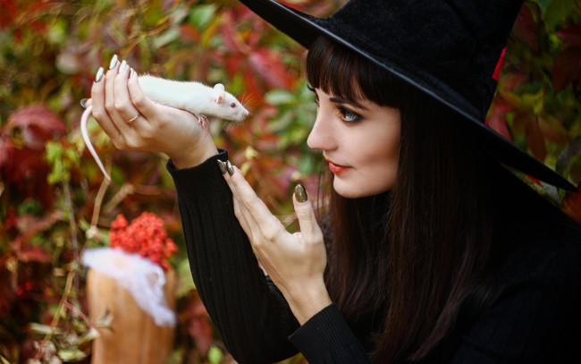 Обои картинки фото девушки, -unsort , брюнетки,  шатенки, halloween, крыса, ведьма, девушка, праздник, хеллоуин, животное
