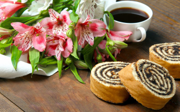 Картинка еда пирожные +кексы +печенье альстромерия кофе рулет сдобный