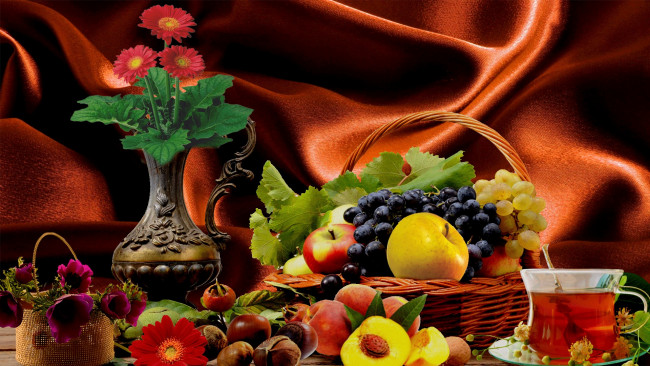 Обои картинки фото еда, натюрморт, фрукты, цветы, чай