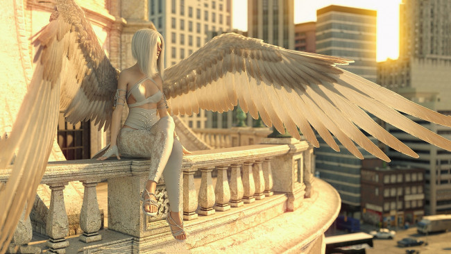 Обои картинки фото 3д графика, ангел , angel, фон, девушка, крылья, балкон