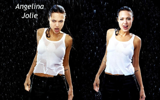 Обои картинки фото девушки, angelina jolie, дождь, брюки, майка, мокрая, актриса