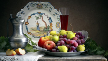 обоя еда, натюрморт, виноград, инжир, яблоки, вино