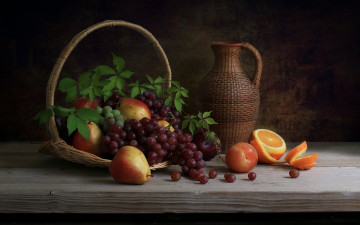Картинка еда натюрморт груши виноград апельсин корзинка кувшин