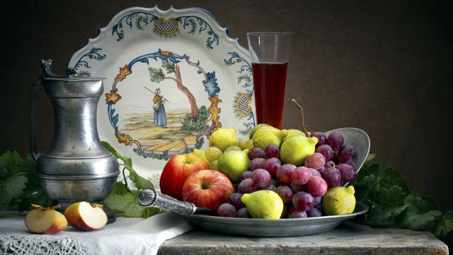 Обои картинки фото еда, натюрморт, виноград, инжир, яблоки, вино