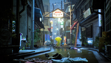 обоя видео игры, ghostwire,  tokyo, город, улица, вещи, фигура, зонт