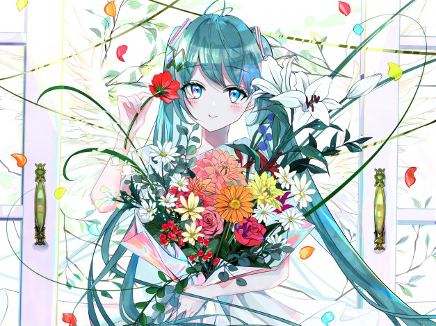 Обои картинки фото аниме, vocaloid, девушка, букет, цветы