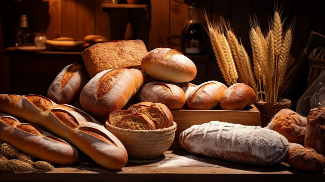 Обои картинки фото еда, хлеб,  выпечка, колосья, багеты, булки