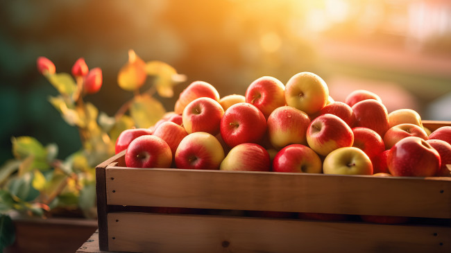 Обои картинки фото еда, яблоки, ящик, урожай, капли