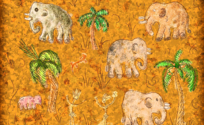 Обои картинки фото рисованное, vladstudio, слоны, пальмы, узор