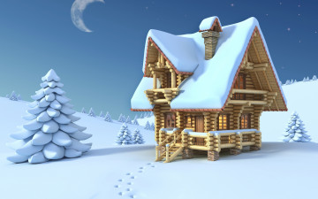 Картинка праздничные 3д графика новый год небо домик зима настроения следы снег луна ночь минимализм