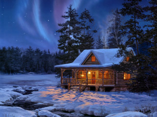Картинка evening performance рисованные darrell bush зима свет дом лес ночь звезды сияние