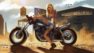 Картинка рисованные люди девушка мотоцикл тату сарай