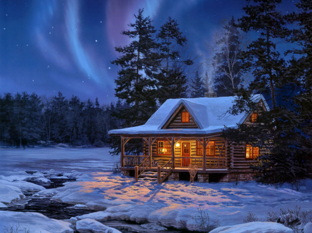 Обои картинки фото evening, performance, рисованные, darrell, bush, зима, свет, дом, лес, ночь, звезды, сияние