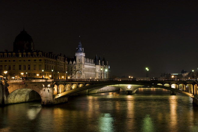 Обои картинки фото ночной, париж, города, франция, ночь, огни, город, река