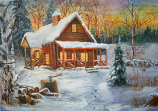 обоя рисованные, праздники, снег, дом, ель