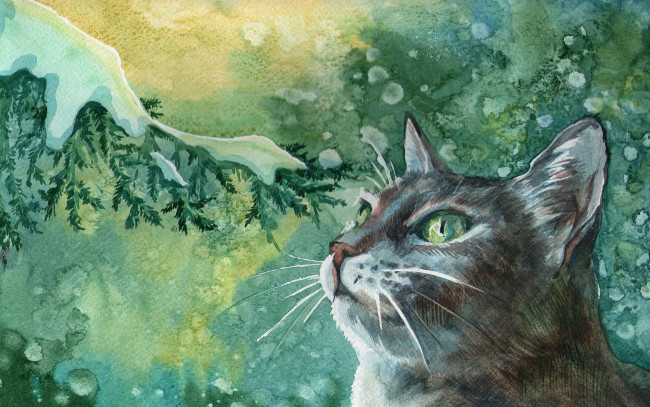 Обои картинки фото рисованные, животные,  коты, ветка, снежинки, снег, елки, усы, зеленоглазый, кот, котяра, painting, чудеса
