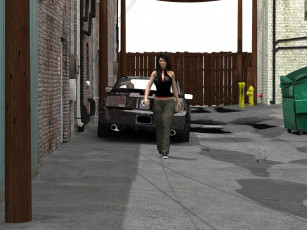 Картинка 3д+графика люди+ people фон взгляд девушка улыбка автомобиль улица дома забор