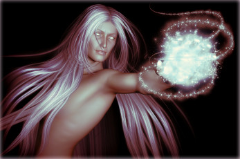 Картинка 3д+графика фантазия+ fantasy взгляд волосы белые фон рука магия парень