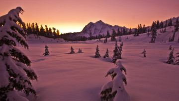 Картинка природа зима закат небо гора деревья снег