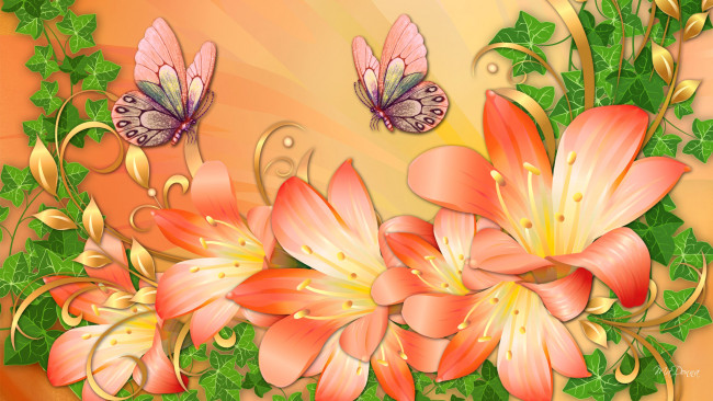 Обои картинки фото рисованное, цветы, бабочки, фон, листья