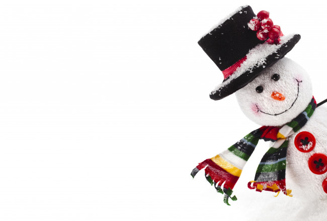 Обои картинки фото праздничные, снеговики, улыбка, шляпа, шарф, снеговик, пуговицы