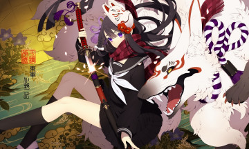 Картинка аниме животные +существа катана девушка asahi nini ni02 арт маска волк оружие монстр