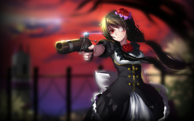 Обои картинки фото аниме, date a live, девушка, tokisaki, kurumi, date, a, live, кровь, пистолет, оружие
