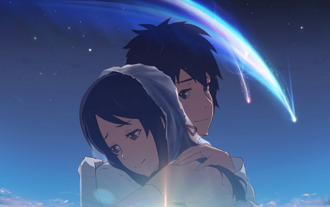 Обои картинки фото аниме, kimi no na wa, фон, взгляд, девушка, парень