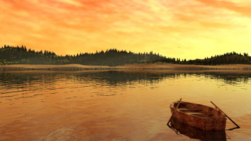 Картинка корабли лодки +шлюпки деревья берег река пейзаж озеро лодка заря