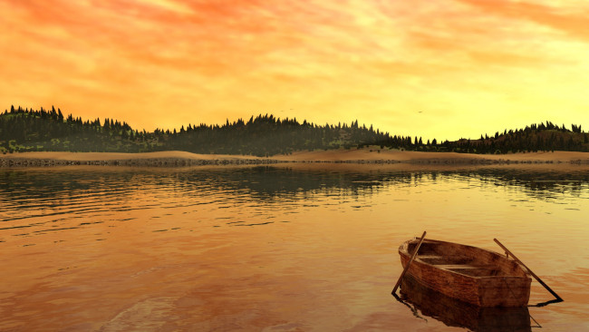 Обои картинки фото корабли, лодки,  шлюпки, деревья, берег, река, пейзаж, озеро, лодка, заря