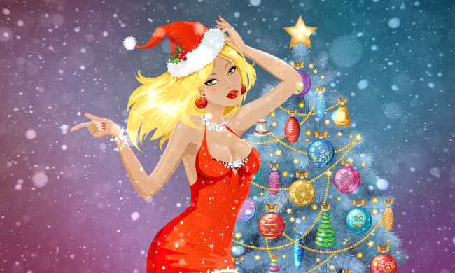 Обои картинки фото праздничные, векторная графика , новый год, девушка, снег, новый, год, зима, блондинка, елка, праздник, фон