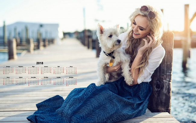 Обои картинки фото календари, девушки, собака, 2018, причал, улыбка, очки
