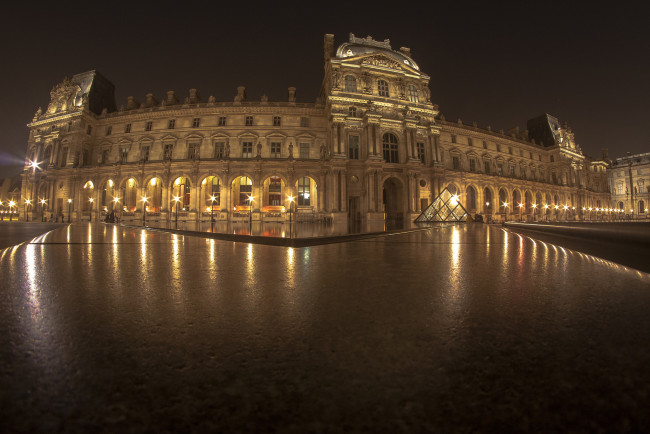 Обои картинки фото louvre pyramid, города, париж , франция, ночь, площадь