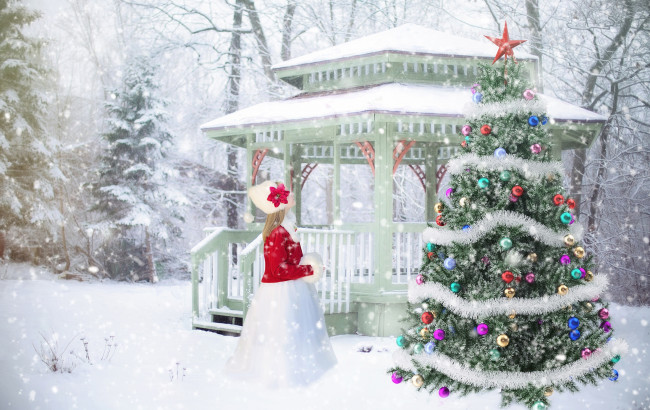 Обои картинки фото праздничные, Ёлки, снег, зима, елка, украшения, новый, год, девочка, new, year, christmas