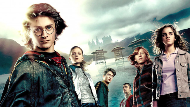 Обои картинки фото кино фильмы, harry potter & the goblet of fire, рон, уизли, седрик, диггори, виктор, крам, флер, гарри, поттер, соревнования, гермиона, грейнджер