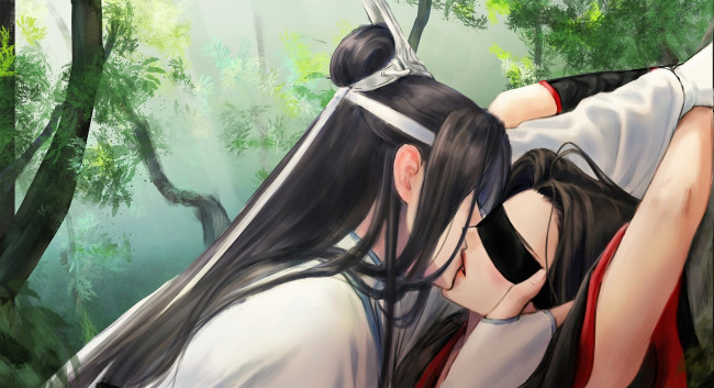Обои картинки фото аниме, mo dao zu shi, вэй, усянь, лань, ванцзы, поцелуй