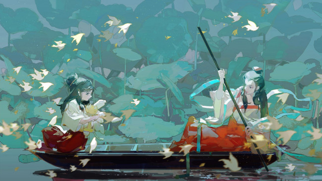 Обои картинки фото аниме, unknown,  другое , девочки, лодка, озеро, листья, птицы