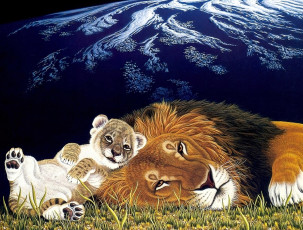 обоя рисованное, william schimmel, лев, львенок, планета